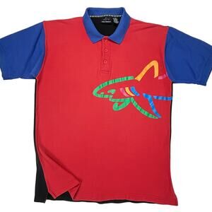 VTG Greg Norman Polo Mens L Shark Wrap Around Colorblock Shirt 90s Red Blue Blac